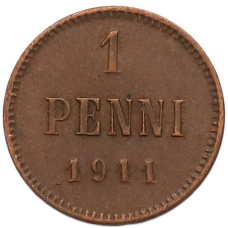 Монета 1 пенни 1911 года Русская Финляндия (аверс)