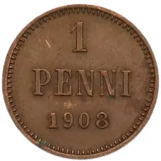 Монета 1 пенни 1908 года Русская Финляндия (аверс)