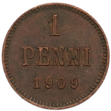 Монета 1 пенни 1909 года Русская Финляндия (аверс)