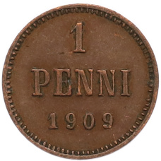 Монета 1 пенни 1909 года Русская Финляндия (аверс)