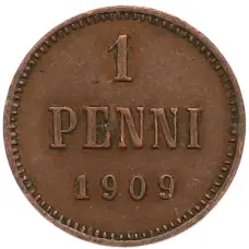 Монета 1 пенни 1909 года Русская Финляндия (аверс)