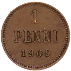 Монета 1 пенни 1909 года Русская Финляндия (аверс)