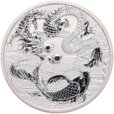 Монета 1 доллар 2023 года Австралия «Дракон и карп кои» (аверс)