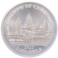 Монета 3000 риелей 2023 года Камбоджа «Дымчатый леопард» (Цветное покрытие) (реверс)
