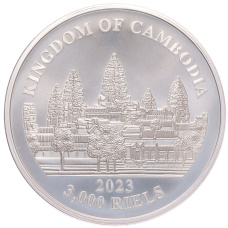 Монета 3000 риелей 2023 года Камбоджа «Дымчатый леопард» (Цветное покрытие) (реверс)