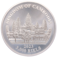 Монета 3000 риелей 2023 года Камбоджа «Дымчатый леопард» (Цветное покрытие) (реверс)