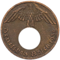 Монета 1 рейхспфенниг 1938 года F Германия (аверс)