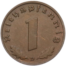 Монета 1 рейхспфенниг 1939 года D Германия (реверс)