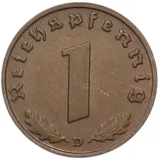 Монета 1 рейхспфенниг 1939 года D Германия (реверс)