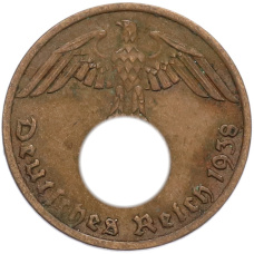 Монета 1 рейхспфенниг 1938 года A Германия (аверс)