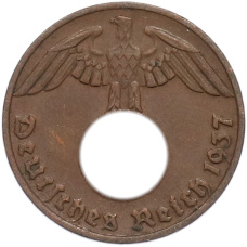 Монета 1 рейхспфенниг 1937 года D Германия (аверс)