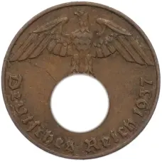 Монета 1 рейхспфенниг 1937 года J Германия (аверс)