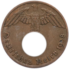 Монета 1 рейхспфенниг 1938 года J Германия (аверс)