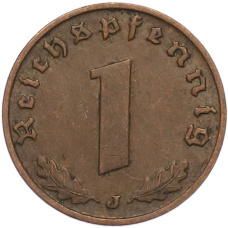 Монета 1 рейхспфенниг 1938 года J Германия (реверс)