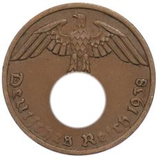 Монета 1 рейхспфенниг 1938 года A Германия (аверс)
