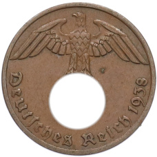 Монета 1 рейхспфенниг 1938 года A Германия (аверс)