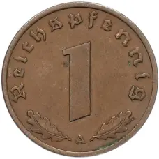 Монета 1 рейхспфенниг 1938 года A Германия (реверс)