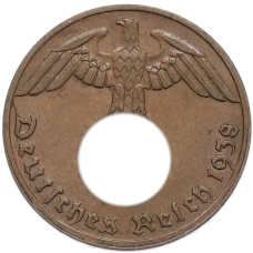 Монета 1 рейхспфенниг 1938 года G Германия (аверс)