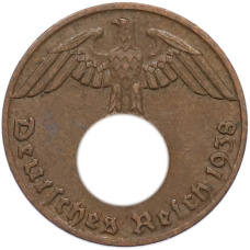 Монета 1 рейхспфенниг 1938 года J Германия (аверс)
