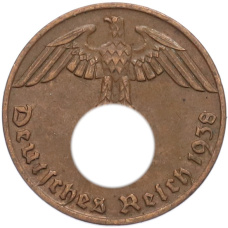 Монета 1 рейхспфенниг 1938 года J Германия (аверс)