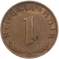 Монета 1 рейхспфенниг 1938 года J Германия (реверс)