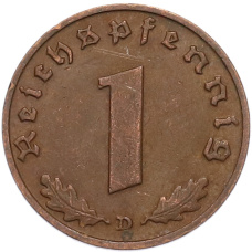 Монета 1 рейхспфенниг 1938 года D Германия (реверс)