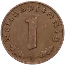 Монета 1 рейхспфенниг 1938 года D Германия (реверс)