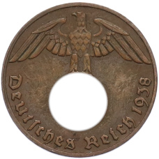 Монета 1 рейхспфенниг 1938 года E Германия (аверс)