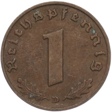 Монета 1 рейхспфенниг 1937 года D Германия (реверс)