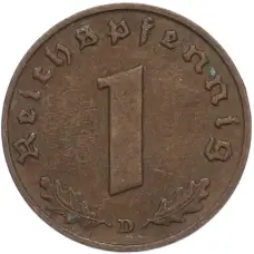 Монета 1 рейхспфенниг 1937 года D Германия (реверс)