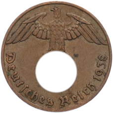 Монета 1 рейхспфенниг 1938 года J Германия (аверс)