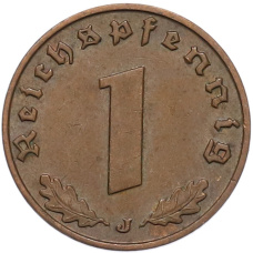Монета 1 рейхспфенниг 1938 года J Германия (реверс)