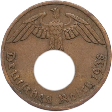 Монета 1 рейхспфенниг 1938 года A Германия (аверс)