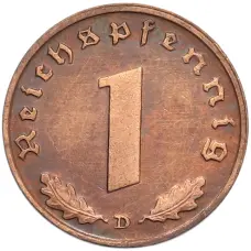 Монета 1 рейхспфенниг 1938 года D Германия (реверс)