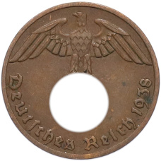 Монета 1 рейхспфенниг 1938 года A Германия (аверс)