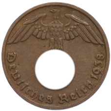 Монета 1 рейхспфенниг 1938 года D Германия (аверс)