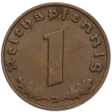 Монета 1 рейхспфенниг 1938 года D Германия (реверс)