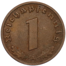 Монета 1 рейхспфенниг 1938 года A Германия (реверс)