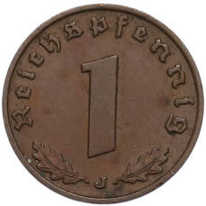 Монета 1 рейхспфенниг 1938 года J Германия (реверс)
