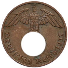 Монета 1 рейхспфенниг 1937 года F Германия (аверс)