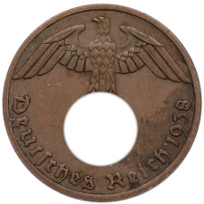 Монета 1 рейхспфенниг 1938 года A Германия (аверс)
