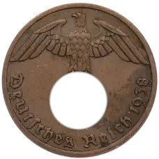 Монета 1 рейхспфенниг 1938 года A Германия (аверс)
