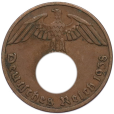 Монета 1 рейхспфенниг 1938 года A Германия (аверс)