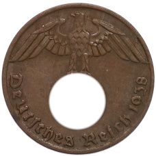 Монета 1 рейхспфенниг 1938 года J Германия (аверс)