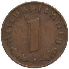 Монета 1 рейхспфенниг 1938 года J Германия (реверс)