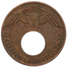 Монета 1 рейхспфенниг 1938 года J Германия (аверс)