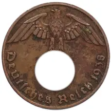 Монета 1 рейхспфенниг 1938 года J Германия (аверс)