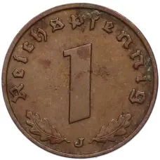 Монета 1 рейхспфенниг 1938 года J Германия (реверс)