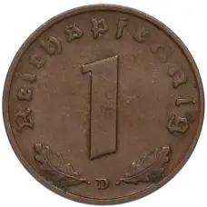 Монета 1 рейхспфенниг 1939 года D Германия (реверс)