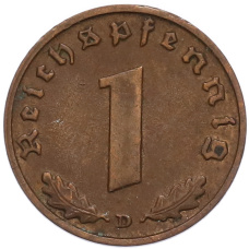 Монета 1 рейхспфенниг 1938 года D Германия (реверс)
